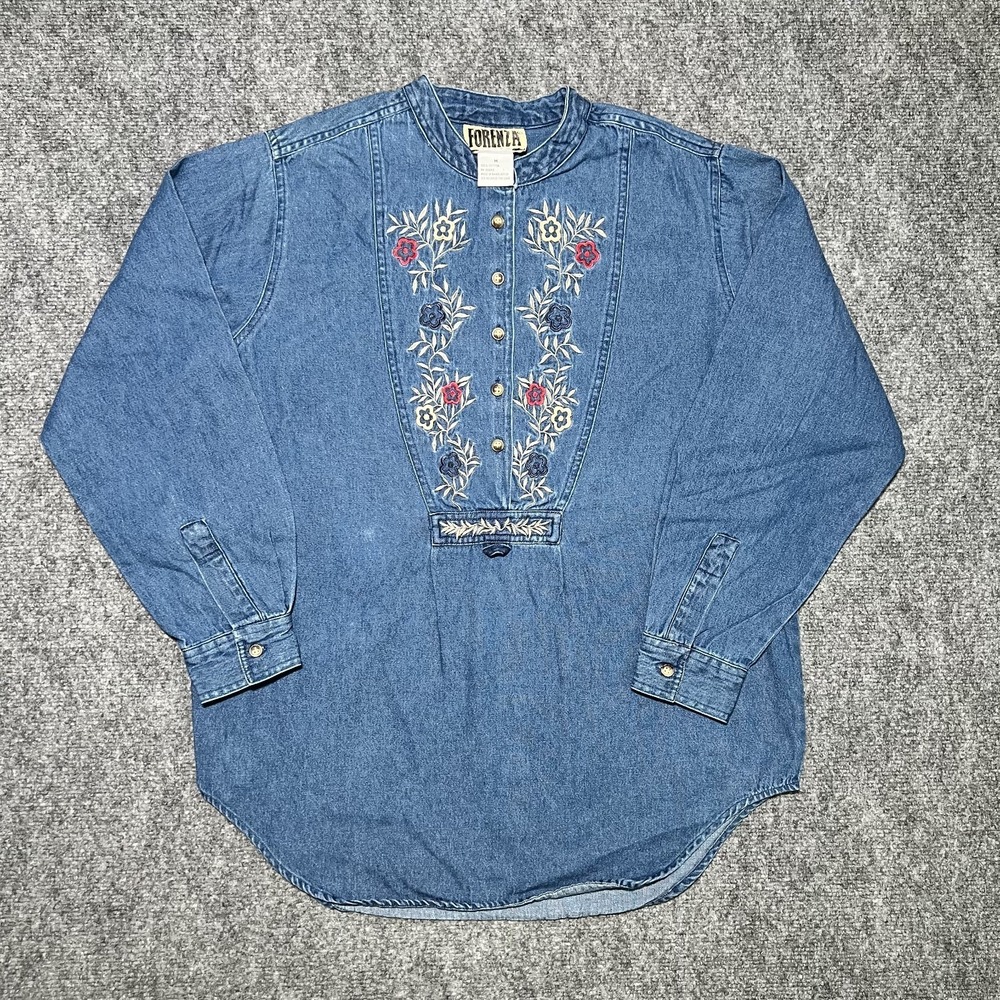 VTG Oversized Forenza Blue Denim Pullover Quarter Button Top Floral‎ Embroidered